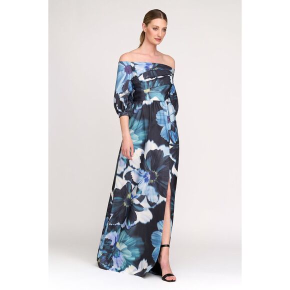 Kay Unger Womens Alison Floral Off-the-Shoulder Gown Flint Light Teal Size 6 - Picture 3 of 12
